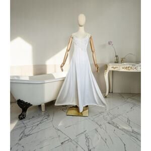 Vtg Lily of France Nightgown Maxi Nylon Lace Trim Ivory Neglige Boudoir Sz Small